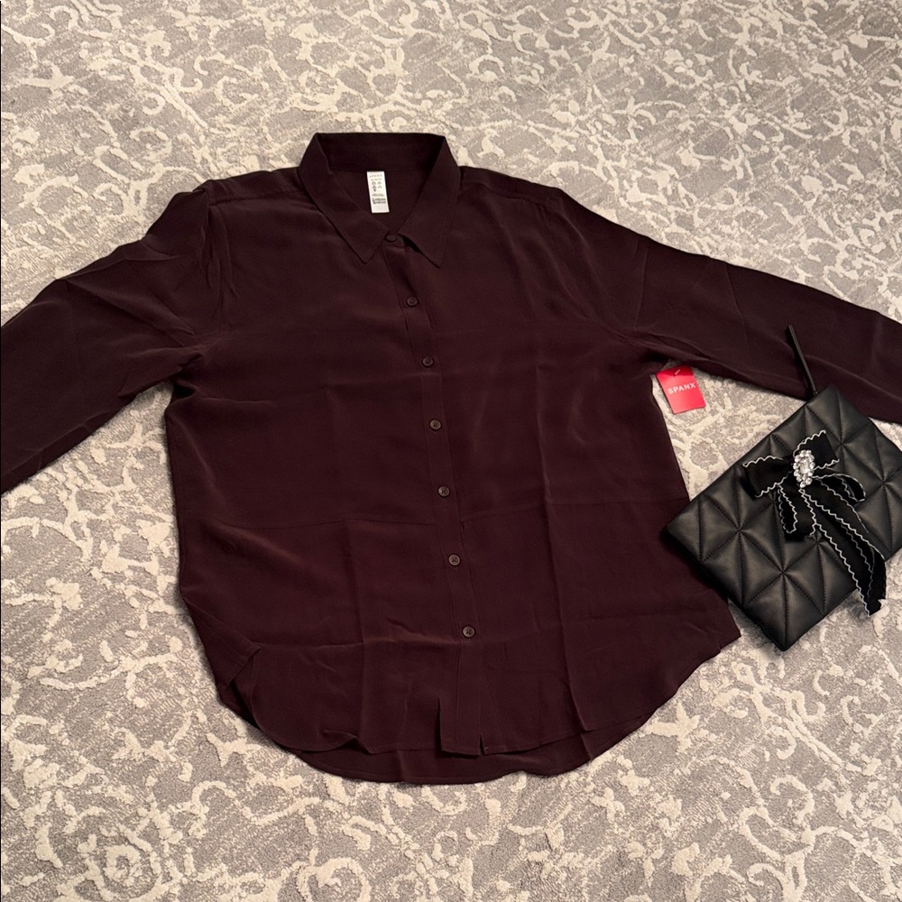 NEW SPANX Button-Front Blouse in Deep Wine